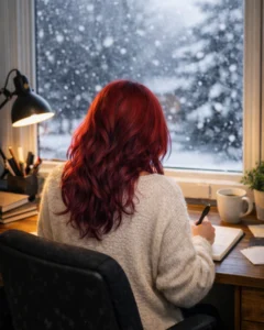 Personne assise à un bureau, écrivant face à une fenêtre enneigée, illustrant un moment d’introspection, de bilan personnel et de cheminement en santé mentale.