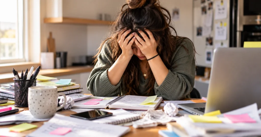 Une femme submergée devant son bureau encombré de notes et de listes, illustrant l’anxiété et les difficultés d’organisation liées au TDAH.